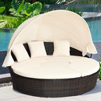 COSTWAY Patio Round Daybed with Retractable Canopy, Wicker Furniture Sectional Couch with Separate Cushioned Seats, Adjustable Table Top, Patio Rattan Daybed Sofa for Backyard, Poolside, White