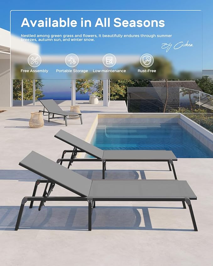 Ciokea Patio Chaise Lounge Chair, Foldable Lounge Chair for Outside, Aluminum Chairs Set of 2 with 5 Adjustable Backrest, Outdoor Pool Lounger for Poolside, Lawn, Deck, Grey