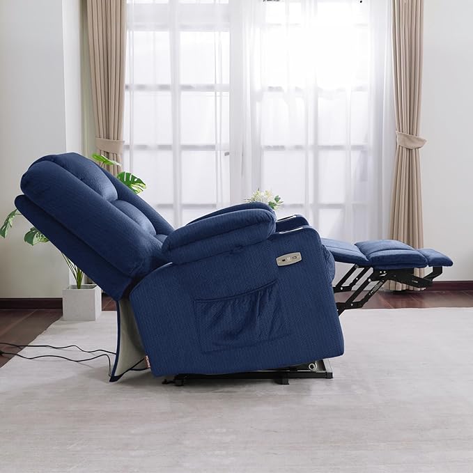 MCombo Oversized Power Lift Recliner Chair with Massage and Heat for Big and Tall Elderly People, Cup Holders, USB Ports, Side Pockets, Fabric R7541 (Navy Blue, Large-Oversize)