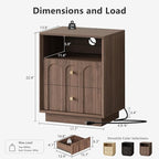 Nightstand with Charging Station, Mid Century Modern Nightstand with Arched Design, Minimalist End Table with Wood Grain Texture, Bedside Table for Bedroom Living Room Sofa Office, Walnut