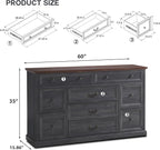 Farmhouse 9 Drawers Dresser for Bedroom, 60" Wide Wood Rustic Chest of Drawers, Large Storage Dressers Organizer for Bedroom, Living Room, Hallway, Dining Room, Dark Grey
