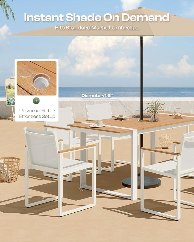 Outdoor Dining Set, Patio Table and Chairs Set, 7 Piece HDPS + Aluminum Patio Furniture Set with Umbrella Hole, Patio Dining Table Set (White-Teak)