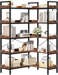 KOUSEI Bookshelf 5-Tier, L-Shaped Reversible Corner Bookshelf, 65" Industrial Wide Open Bookcase with Metal Frame and 4 Hooks for Living Room, Bedroom, Home Office, Rustic Brown