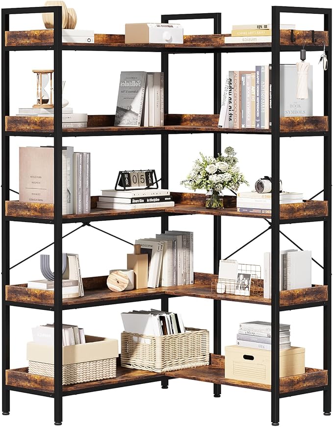 KOUSEI Bookshelf 5-Tier, L-Shaped Reversible Corner Bookshelf, 65" Industrial Wide Open Bookcase with Metal Frame and 4 Hooks for Living Room, Bedroom, Home Office, Rustic Brown