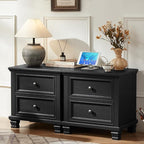 Farmhouse Nightstand Set of 2, Rustic Low Nightstands with 2 Drawers & Charging Station, Vintage Night Stands with 4 Square Solid Wood Legs, Small Dresser for Bedroom, Home, Black