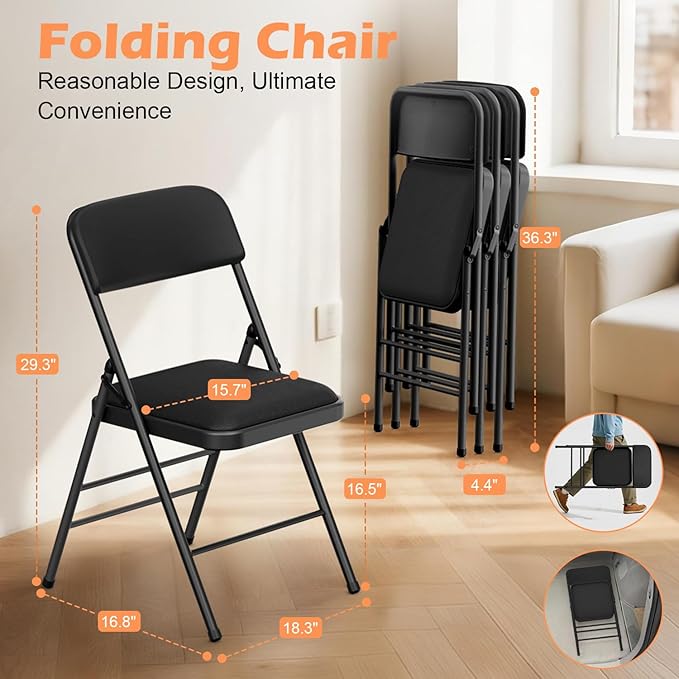 Commercial Grade Folding Chair with Padded Fabric Cushion（16"X16" |Double-hinged Legs Luxury Style|4.5kg Capacity Max Weight 150Kg for Home and Office,Indoor and Outdoor Events (2, PU-Black)