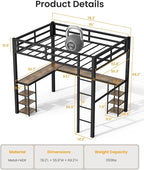 Full Size Loft Bed with Desk & Open Shelves, Heavy Duty Metal Bed Frame with Safety Guardrails & Ladder, Loft Beds with Vintage Wood Finish L-Shaped Desk, Black