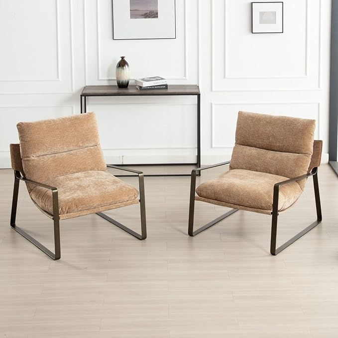 LukeAlon Modern Chenille Accent Armchair, Upholstered Lounge Chair with Brass Metal Frame Thickened Cushion Single Sofa Chair Comfy Leisure Side Chair with Armrest for Bedroom Living Room, Khaki