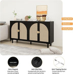 Black Sideboard Cabinet with 4 Rattan Doors, Rattan Buffet Cabinet with Adjustable Shelves & Pine Legs, Boho Sideboard Buffet for Living Room, Kitchen, Entryway, Black