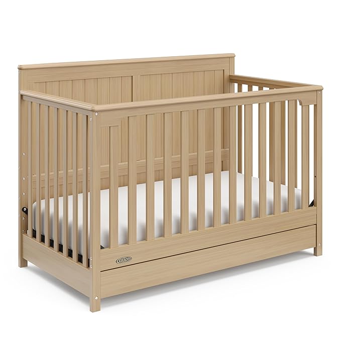 Graco Hadley 5-in-1 Convertible Crib with Drawer (Driftwood) – GREENGUARD Gold Certified, Fits Standard Crib Mattress, Converts to Toddler Bed, Daybed and Full Bed, 4 Adjustable Mattress Heights