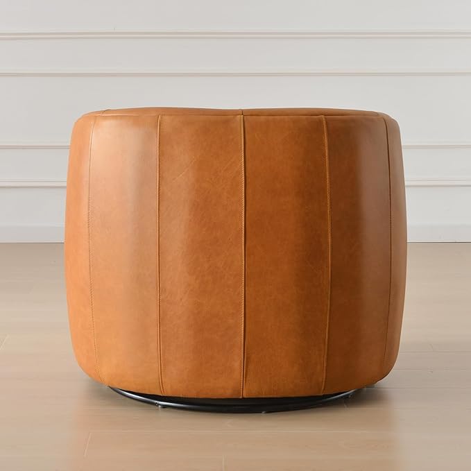 KINWELL 100% Top Grain Genuine Leather Swivel Barrel Armchair No Assembly Modern Upholstered Leather Swivel Accent Chairs with Toss Pillow for Living Room Office Lounge, Camel