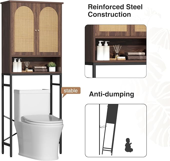 Rattan Toilet Storage Cabinet, Over The Rack Wood Cabinet with Metal Stand, Bathroom Organizer with Adjustable Shelf, Space Saving Cupboard for Small Bathrooms, Washer Shelf, Dark Brown