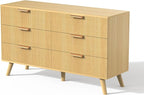 Boho Fluted 6 Drawer Dresser for Bedroom, Chest of Drawers with Solid Wood Legs, Modern Dresser Chest Cabinet Organizer with Golden Handles, Beside Table for Closet, Hallway, Bedroom