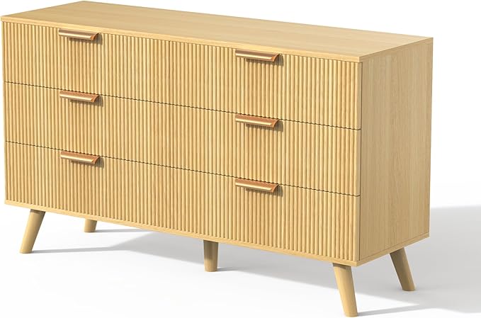 Boho Fluted 6 Drawer Dresser for Bedroom, Chest of Drawers with Solid Wood Legs, Modern Dresser Chest Cabinet Organizer with Golden Handles, Beside Table for Closet, Hallway, Bedroom