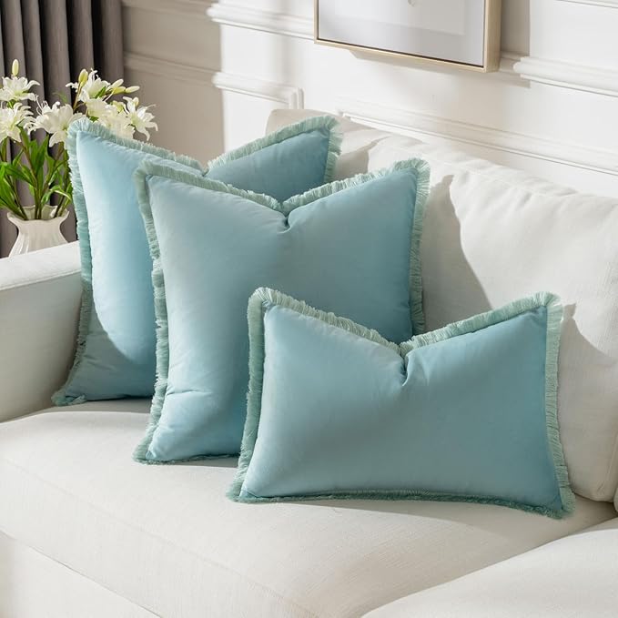 FUTEI Aqua Velvet Decorative Throw Pillow Covers 18x18 Set of 2,Soft Cozy Edge with Tassels Cushion Case,Boho Modern Home Decor for Couch Bed Living Room