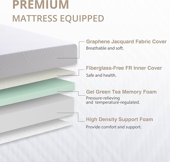 Queen Adjustable Bed Base Frame with Wireless Remote + 12 Inch Queen Green Tea Gel Memory Foam Mattress Bed in a Box, Head and Foot Incline, Zero Gravity, Fiberglass Free, 80" × 60"