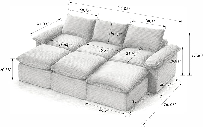 141.74" Sectional Couches for Living Room Modern Modular Sofa with U-Shape Couchs Upholstered Corduroy Boneless Couch Deep Seat Cloud Couch with Ottoman, No Assembly Required, Black