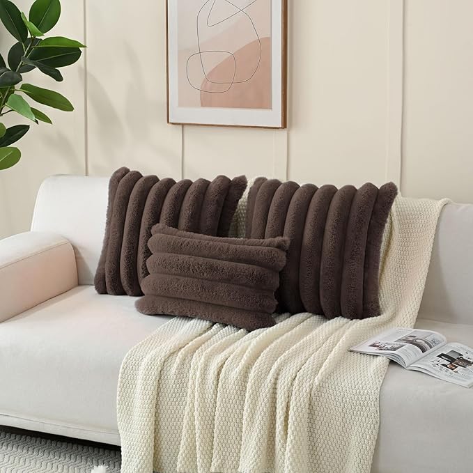 FUTEI Dark Coffee Decorative Throw Pillow Covers 22x22 Inch Set of 2, Square Soft Faux Rabbit Fur Big Striped Cushion Cover,Home Decor for Couch Sofa Bed Living Room