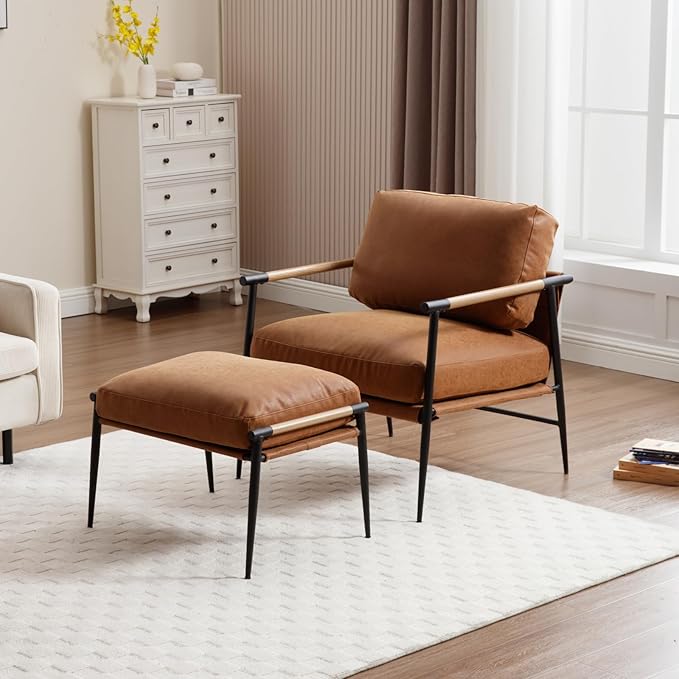 DUOMAY Cute PU Leather Single Footrest, Upholstered Footstool with Black Metal Legs Mid Century Modern Vanity Room Ottoman Shoe Stool for Living Room Bedroom Dressing Room, Brown