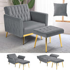 Velvet Accent Chair with Adjustable Armrests and Backrest, Button Tufted Lounge Chair, Single Recliner Armchair with Ottoman and Pillow for Living Room, Bedroom, Grey