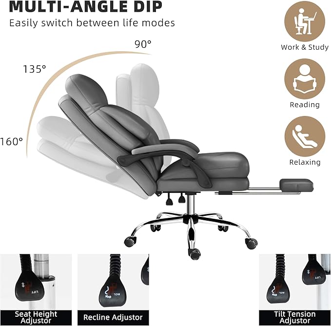 Home Office Desk Chair, 90°-160° Reclining, High Back Executive OfficeChair 400LBS with Footrest, Ergonomic Scratch-Resistant Faux Leather Computer Gaming Chair with Lumbar Support