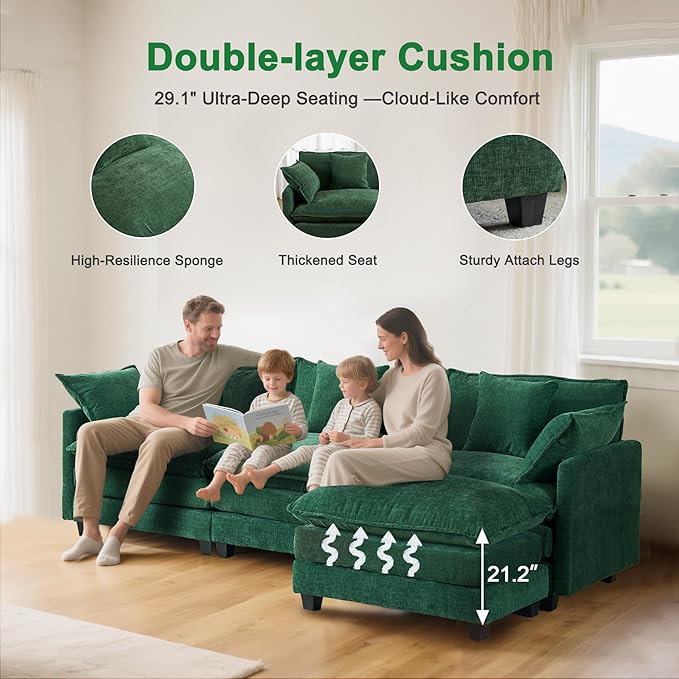 111.4" Cloud L Shaped Sectional Couch with Ottoman｜Modular Chenille Sofa with 29.1" Deep Seat｜FSC Solid Wood Frame｜Easy Assembly & 1YR Guarantee｜for Living Room Bedroom Apartment