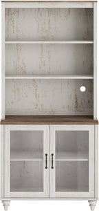 WAMPAT 5 Tier Bookshelf 72" Tall Bookcase with Glass Doors,Large Farmhouse Display Book Shelf with Adjustable Shelves and Storage Cabinet,Library Wood Bookshelves for Living Room,Kitchen, Rustic White