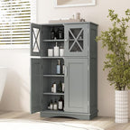 Tangkula Freestanding Floor Cabinet w/2 Glass Doors, 3-Level Adjustable Shelves, Anti-toppling Design, Kitchen Pantry Cupboard for Bathroom, Living Room (Grey)