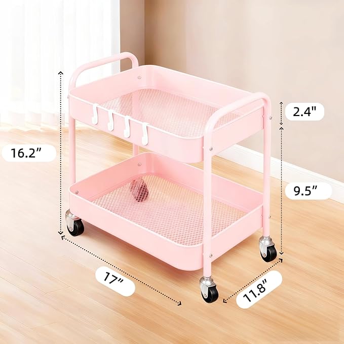 2 Tier Rolling Cart Metal with Wheels Under Desk Storage Cart for Small Space Organization, Small Trolley for Pantry Room Laundry Bathroom Kitchen Office Art Snack Baby Supplies, Pink