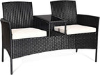COSTWAY 2-Seat Patio Conversation Sets, Outdoor Patio Loveseat Set with Removable Cushions & Built-in Coffee Table for Backyard, Garden, Lawn, Balcony, Black+Beige