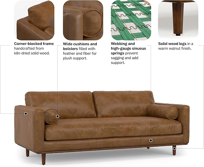SIMPLIHOME Morrison 89-inch Wide Sofa in Caramel Brown Top Grain Genuine Leather, Mid-Century Modern Design Couch for Living Room, Single Bench Cushion, 2 Back Cushions, 2 Bolster Pillows