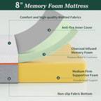 VECELO Charcoal Infused Memory Foam King Mattress 8 Inch, Medium Firm King Size Bed Mattress with Washable Cover for King Bed Frame, Pressure Relieve, Fresh Cooling Comfort