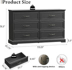 Farmhouse 6 Drawers Dresser for Bedroom, 54" Wide Modern Chest of Drawers with Deep Drawers & Bar Handles, Rustic Wood Dresser TV Stand, Wooden Closet Storage Organizer for Living Room, Hallway, Black