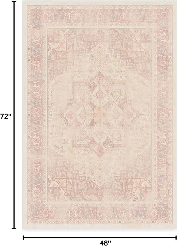 RUGGABLE Washable Area Rug – Kamran Soft Pink 4x6, Stain-Resistant, Non-Slip – Medium Machine Washable Rugs for Living Room, Bedroom, Hallway, Entryway & Office–with Cushioned Pad