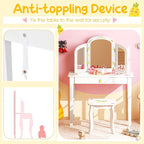 Costzon Kids Vanity, Girls Vanity Set with Tri-Folding Mirror, Stool, Storage Drawer, Princess Toddler Makeup Vanity Desk Dressing Table, Wooden Kids Vanity Table and Chair Set (Fruit Pattern)