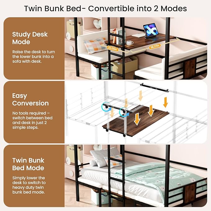 Twin Over Twin Bunk Bed, Convertible Twin Bunk Bed w/Desk & Storage & 2 Seat, Heavy Duty Metal Twin Loft Bed Frame with Safety Guardrails & EVA Padded Ladder for Teens(Cushion not Included)