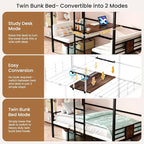 Twin Over Twin Bunk Bed, Convertible Twin Bunk Bed w/Desk & Storage & 2 Seat, Heavy Duty Metal Twin Loft Bed Frame with Safety Guardrails & EVA Padded Ladder for Teens(Cushion not Included)
