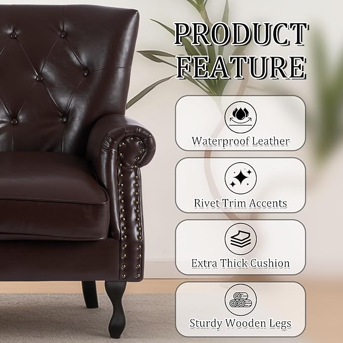 Modern Accent Chair Set of 2, Mid-Century PU Leather Armchair with Solid Wood Legs, Single Sofa Chair for Living Room, Bedroom, Leisure Room, or Reading Room(Caramel)