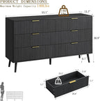 CARPETNAL Fluted 6 Drawer Dresser for Bedroom, 55" Wide Wooden Chest of Drawers with Rounded Corners, Gold Handles, Modern Storage Organizer for Bedroom, Hallway(Black)