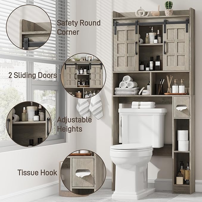 Over The Toilet Storage Cabinet, Farmhouse Storage Cabinet Over Toilet with Sliding Doors，Home Space-Saving Toilet Rack, for Bathroom, Restroom, Laundry.Wash Grey