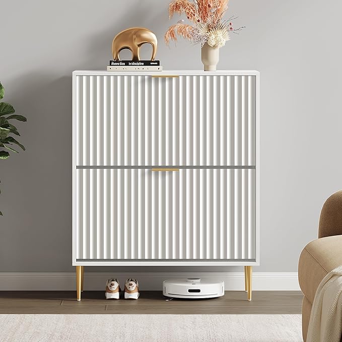 SICOTAS Fluted Shoe Cabinet Storage for Entryway with 6 Flip Drawers-11.8"Deep Freestanding Shoe Organizer Cabinet with 6-tier Shelves, Large 60 Pairs Shoes Rack Cabinet for Foyer Hallway, White, 3PCS