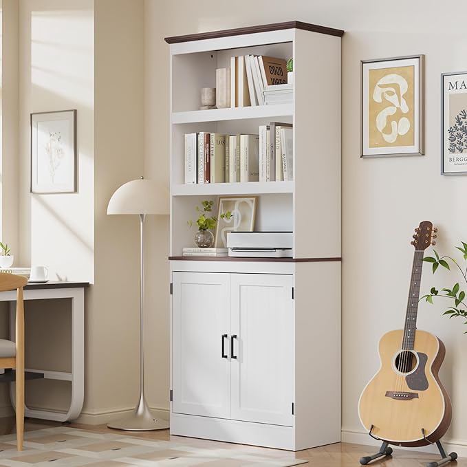 MHOM 71" Tall Bookshelf with Doors, 5 Tiers Farmhouse Bookcase with Adjustable Shelves, Wooden Rustic Display Cabinet for Home Office, Living Room, White