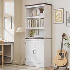 MHOM 71" Tall Bookshelf with Doors, 5 Tiers Farmhouse Bookcase with Adjustable Shelves, Wooden Rustic Display Cabinet for Home Office, Living Room, White