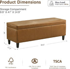 HUIMO Faux Leather Storage Ottoman Bench 50.3 Inch Extra Long PU Upholstered Bedroom Bench with Large Storage Space for The Living Room, Entryway, Bedroom Hold Up to 300lbs (Light Brown)