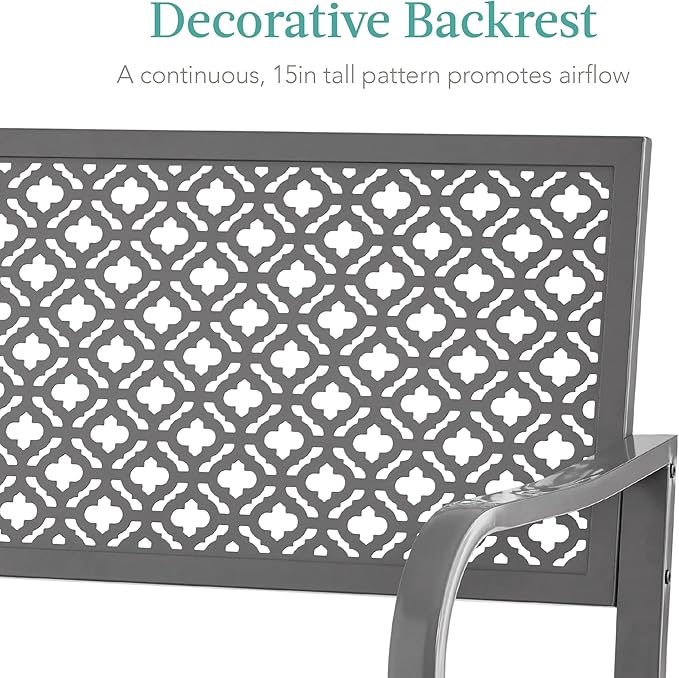 Best Choice Products Outdoor Bench 2-Person Metal Steel Benches Furniture for Garden, Patio, Porch, Entryway w/Geometric Backrest, 790lb Capacity – Gray