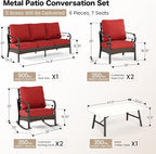 6 Piece Metal Outdoor Patio Furniture Set, Patio Conversation Set with Rocking Chair and 5.75" Thick Cushion & Coffee Tabl, Outdoor Seating Black Frame Backyard Furniture, Rust Red