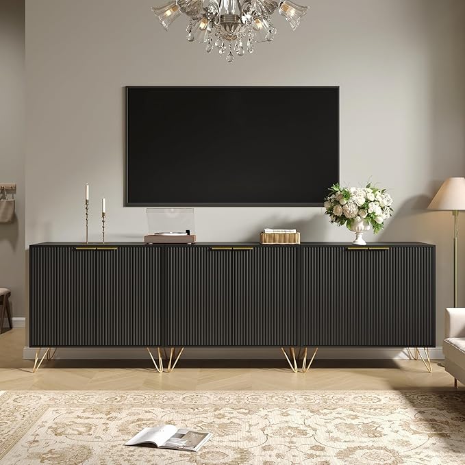 Fluted Storage Cabinet, Set of 3, Sideboard Buffet Cabinet, Modern Wood Accent Cabinet with Adjustable Shelves, Console Table for Living Room, Hallway, Entryway, Black