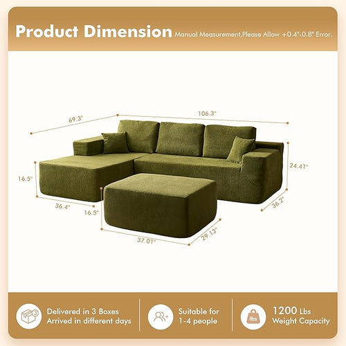 106" Cloud Sectional Couch with L-Shape Chaise & Ottoman, No Assembly Modular Sofa, Deep Seat Corduroy Boneless Couched for Living Room (Green Cloudy Velvet, Left Facing Chaise with Ottoman)
