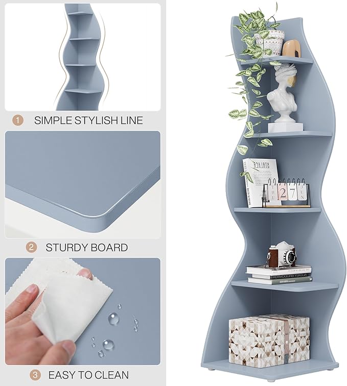 Tribesigns Corner Shelf, Modern 5-Tier Wall Corner Bookshelf, Stylish Corner Small Bookcase Storage Rack Plant Stand with Unique Shape for Living Room, Home Office (Blue, 2PCS)