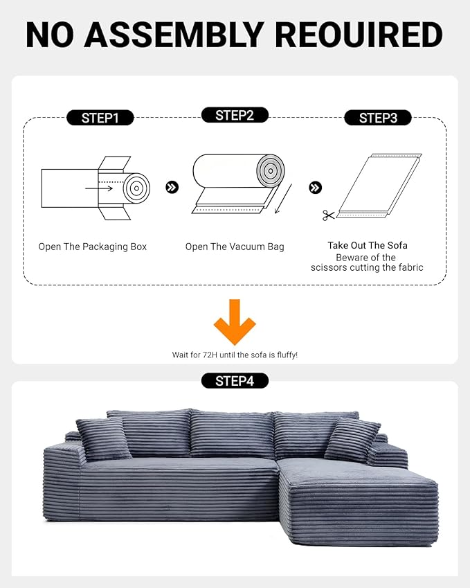 95 Inch Cloud Sectional Couch,Modular Sectional Sofa with Deep Seat,Modern Corduroy Boneless Couches with L-Shape Chaise for Living Room Bedroom,No Assembly Required (Grey, Right Facing Chaise)